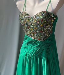 Vintage Green Spaghetti Strap Chiffon A-Line Sequin Rhinestone Prom Dress Beautiful Bridal Dress ED01870