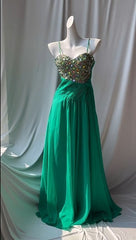 Vintage Green Spaghetti Strap Chiffon A-Line Sequin Rhinestone Prom Dress Beautiful Bridal Dress ED01870