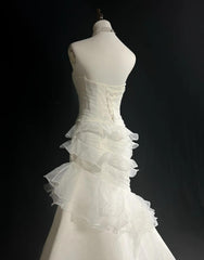 Stunning White Strapless Mermaid Organza Long Prom Dress Simple Wedding Dress ED01872