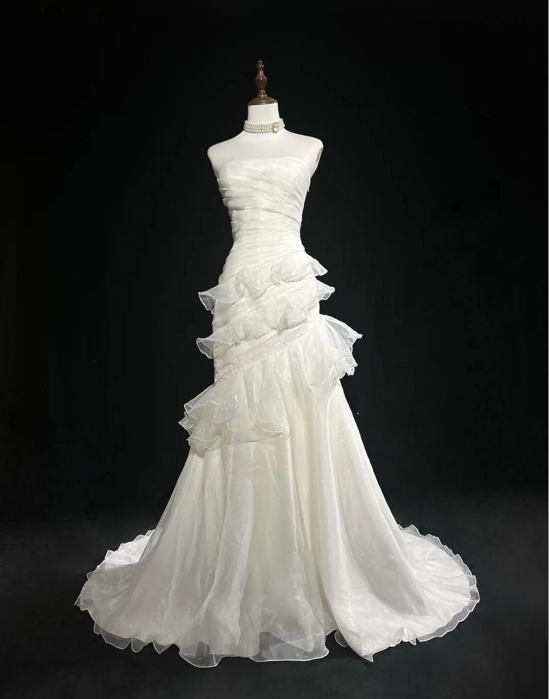 Stunning White Strapless Mermaid Organza Long Prom Dress Simple Wedding Dress ED01872