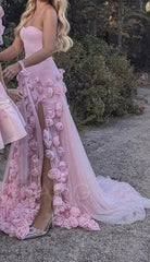Sweet Pink Bodycon Dress Strapless Applique Tulle Long Prom Dress ED01876
