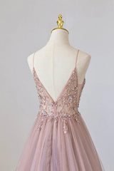 Pink Tulle Long A-Line Prom Dress, Pink Spaghetti Formal Dress with Beaded ED01879