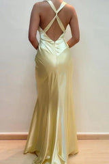 Simple Sheath V Neck Yellow Long Backless Prom Dress  Sleeveless Party Dress ED01880