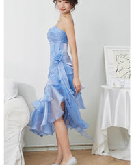 Sweet Blush Pink Spaghetti Straps Sleeveless Chiffon Prom Dress Vintage Birthday Evening Dress ED01881