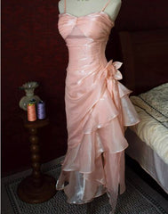Sweet Blush Pink Spaghetti Straps Sleeveless Chiffon Prom Dress Vintage Birthday Evening Dress ED01881