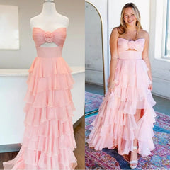 Cute Hot Pink A-Line Strapless Chiffon Long Prom Dress Layered Slit Sleeveless Evening Gown ED01882