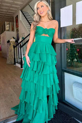 Cute Hot Pink A-Line Strapless Chiffon Long Prom Dress Layered Slit Sleeveless Evening Gown ED01882