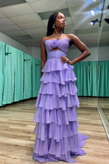 Cute Hot Pink A-Line Strapless Chiffon Long Prom Dress Layered Slit Sleeveless Evening Gown ED01882