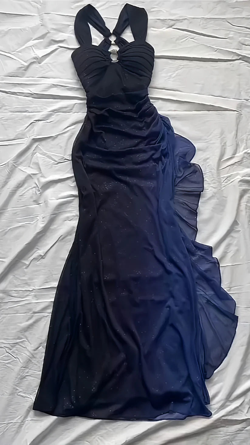 Elegant Gradient Navy Blue Sheath Spaghetti Straps Sparkling Chiffon Ball Dress Pretty Party Dress ED01883