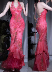 Gorgeous Hot Pink Halter Mermaid Long Prom Dress Vintage Beaded Backless Evening Gown ED01892