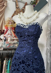Elegant Navy Mermaid Strapless Prom Dress Backless Chiffon Birthday Evening Dress ED01893