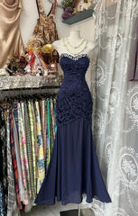 Elegant Navy Mermaid Strapless Prom Dress Backless Chiffon Birthday Evening Dress ED01893