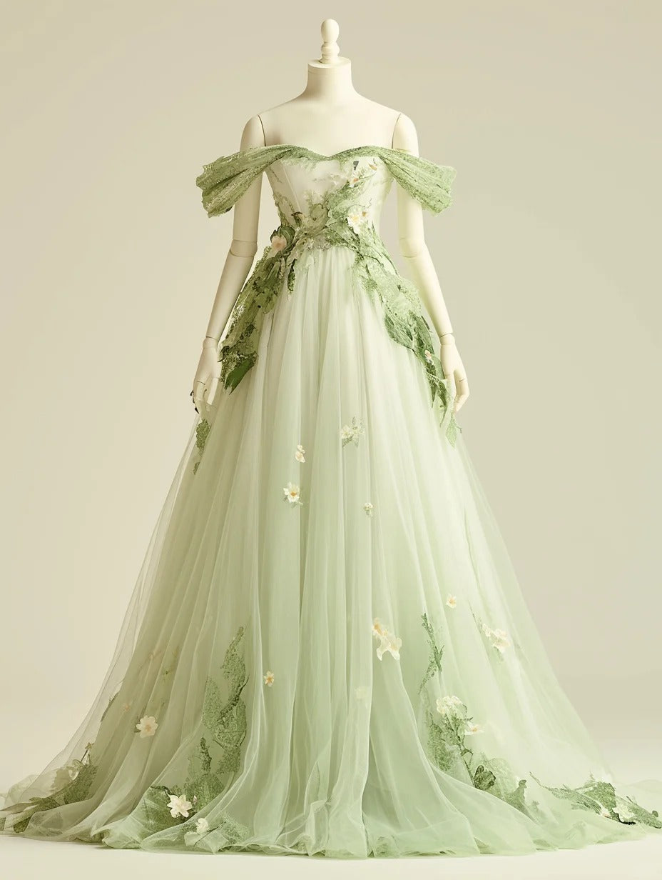 Sweet Light Green A-Line Off Shoulder Neck Tulle Long Prom Dress Birthday Prom Dress ED01898