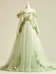 Sweet Light Green A-Line Off Shoulder Neck Tulle Long Prom Dress Birthday Prom Dress ED01898