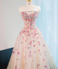 Beautiful Pink Beaded Flowers A-Line Strapless Long Prom Dress Gorgeous Formal Evening Dress ED01899