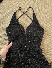Gorgeous Black Sequin Mermaid Spaghetti Strap Vling Long Prom Dress Backless Formal Evening Dress ED01906
