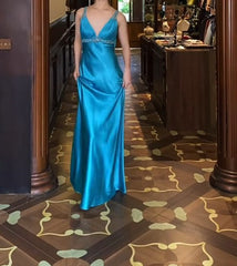 Vintage Royal Blue Backless Satin Prom Dress - Backless Sexy Empire Dress - Glitter Beaded Evening Dress for Quinceanera&Birthday  ED01920
