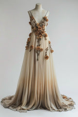 Gradient Champagne V-neck Chiffon A-Line Prom Dress Three-dimensional Rose Simple Wedding Dress  ED01923