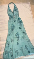 Vintage Blue V-neck Chiffon Mermaid Gown - Glitter Beading & Sequined Backless Evening Dress ED01928