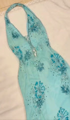 Vintage Blue V-neck Chiffon Mermaid Gown - Glitter Beading & Sequined Backless Evening Dress ED01928