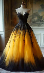 Vintage Yellow Sweetheart Neck Tulle A-Line Prom Dress Gorgeous Evening Dress ED01929
