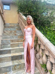 Pink Sweetheart Straps Sheath Satin Long Prom Dress Simple Evening Party Dress Formal Dress With Slit ED01936