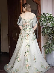 A-Line Off Shoulder Tulle Lace Applique White Long Prom Dress, White Long Formal Dress ED0600