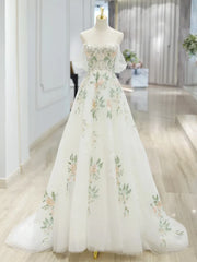 A-Line Off Shoulder Tulle Lace Applique White Long Prom Dress, White Long Formal Dress ED0600