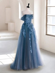 Olive Green A-Line  Off Shoulder Tulle Lace Long Prom Dress, Green Tulle Formal Dress ED0882