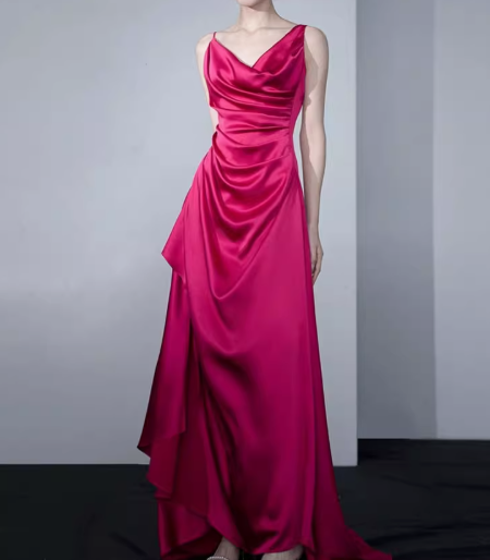 Rose red satin backless suspender dress ED0972