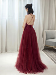Simple v neck tulle sequin long prom dress A line burgundy evening dress