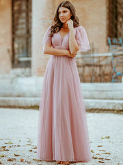 Cute Deep V Neck A-Line Tulle Long Wedding Guest Dress