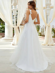 Double V Neck Lace Bodice Floor Length Tulle Wedding Dress