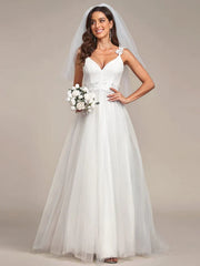 Double V Neck Lace Bodice Floor Length Tulle Wedding Dress