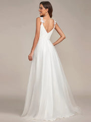 Double V Neck Lace Bodice Floor Length Tulle Wedding Dress