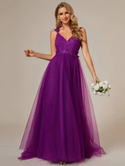 Double V Neck Lace Bodice Floor Length Tulle Wedding Dress