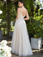 Spaghetti Strap Embroidered Deep V A-line Wedding Dress