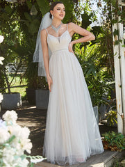 Spaghetti Strap Embroidered Deep V A-line Wedding Dress