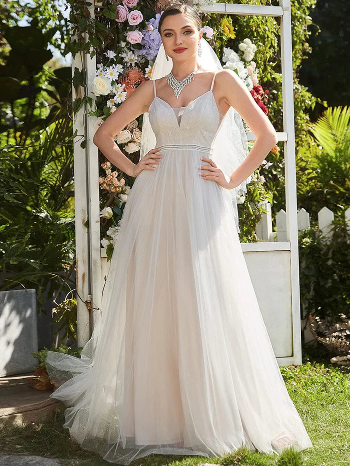 Spaghetti Strap Embroidered Deep V A-line Wedding Dress