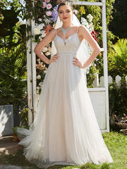 Spaghetti Strap Embroidered Deep V A-line Wedding Dress