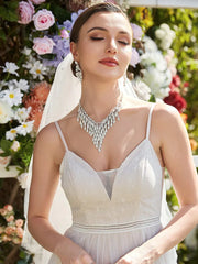 Spaghetti Strap Embroidered Deep V A-line Wedding Dress