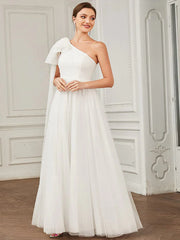 Asymmetrical Tie Sleeve Cinched Waist Layered Tulle A-line Wedding Dress