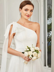 Asymmetrical Tie Sleeve Cinched Waist Layered Tulle A-line Wedding Dress