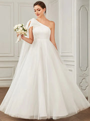 Asymmetrical Tie Sleeve Cinched Waist Layered Tulle A-line Wedding Dress