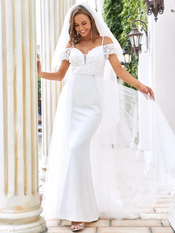 Cold Shoulder V-Neck Double Layer Wedding Dress