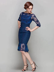 Mother of the Bride Dress Vintage Inspired Off Shoulder Knee Length Chiffon Tulle Half Sleeve with Ruched Appliques