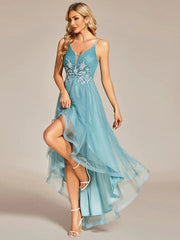 Stylish Floral Embroidered Waist High-Low Prom Dress
