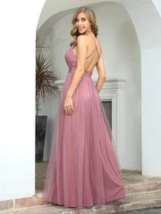 Aimishang Sexy Deep V-neck Backless Tulle Maxi Evening Dresses
