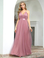 Aimishang Sexy Deep V-neck Backless Tulle Maxi Evening Dresses
