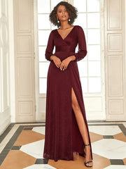 Aimishang Women's Sexy V-Neck Shiny Evening Dresses with Long Sleeve